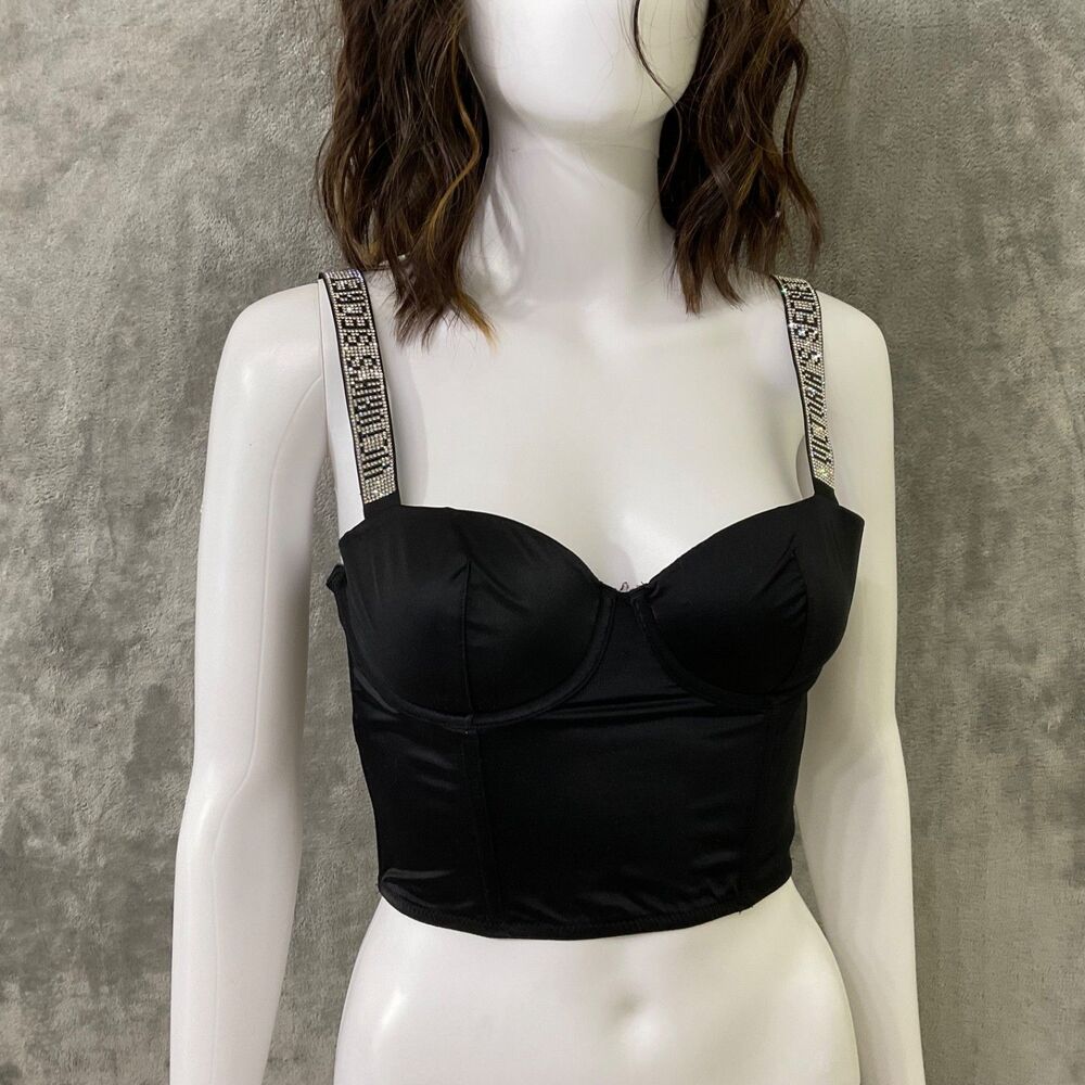 Victoria’s Secret Black Very Sexy Bra Corset Top Rhinestone Strap Bling 34B zip